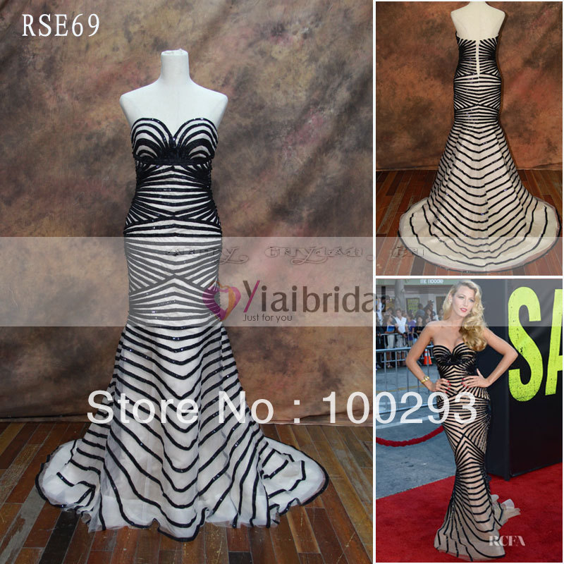 RSE69 Black Straps Pattern Evening Sequins Beaded Dresses Celebrity Dresses