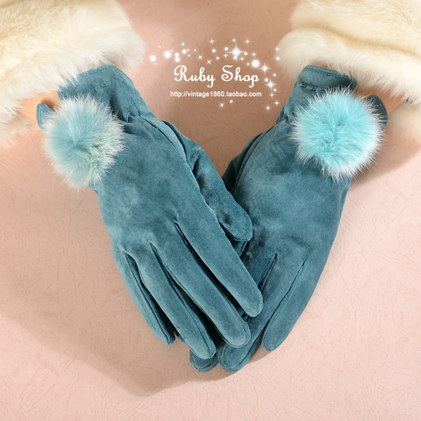 Rubyshop candy color pigskin leather genuine rabbit fur ball gloves