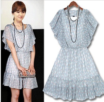 Ruffle butterfly sleeve chiffon slim waist one-piece dress spring women's dress free shipping