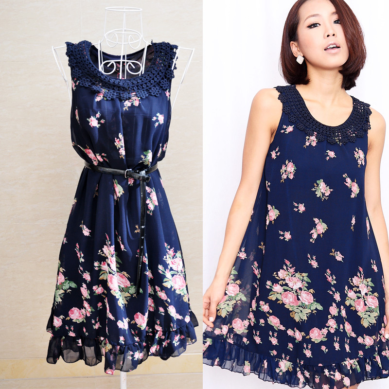 Ruffle collar cutout crochet chiffon vest fashion dress 0.2kg Strapless Geometry stripes dots