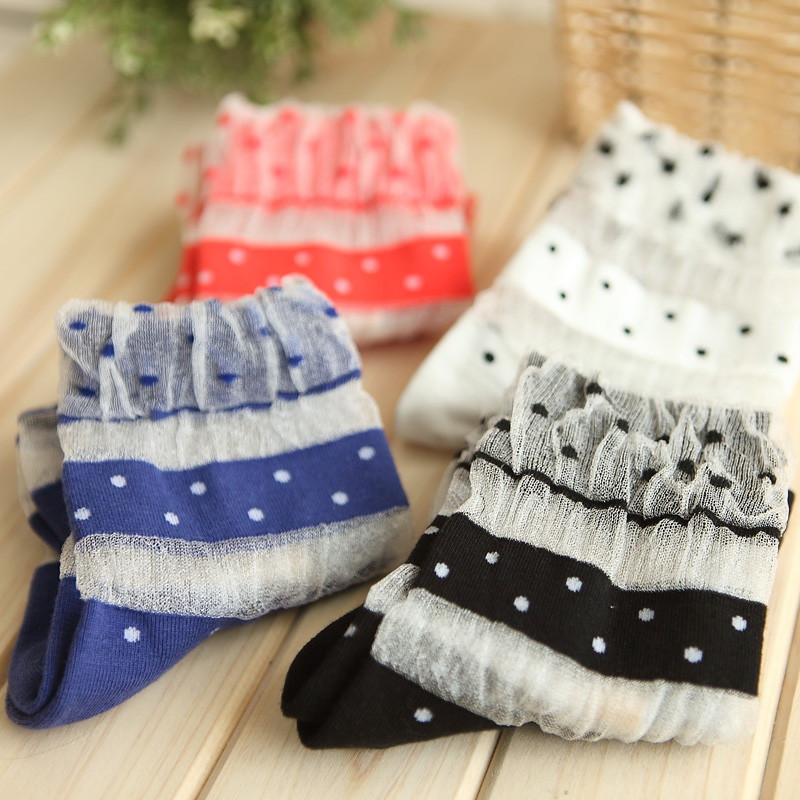 Ruffle crystal yarn net stripe dot cotton women's sock cotton socks dw298
