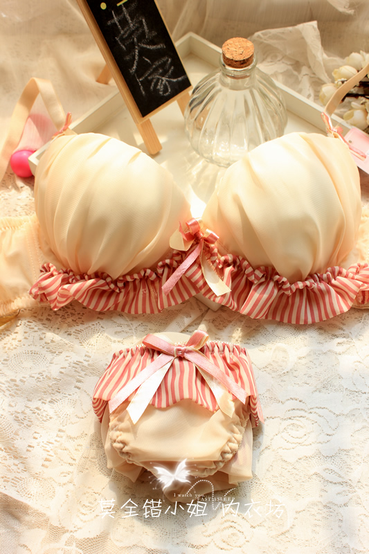 Ruffle elastic glossy gauze bow 3 breasted side gathering women's push up underwear bra set