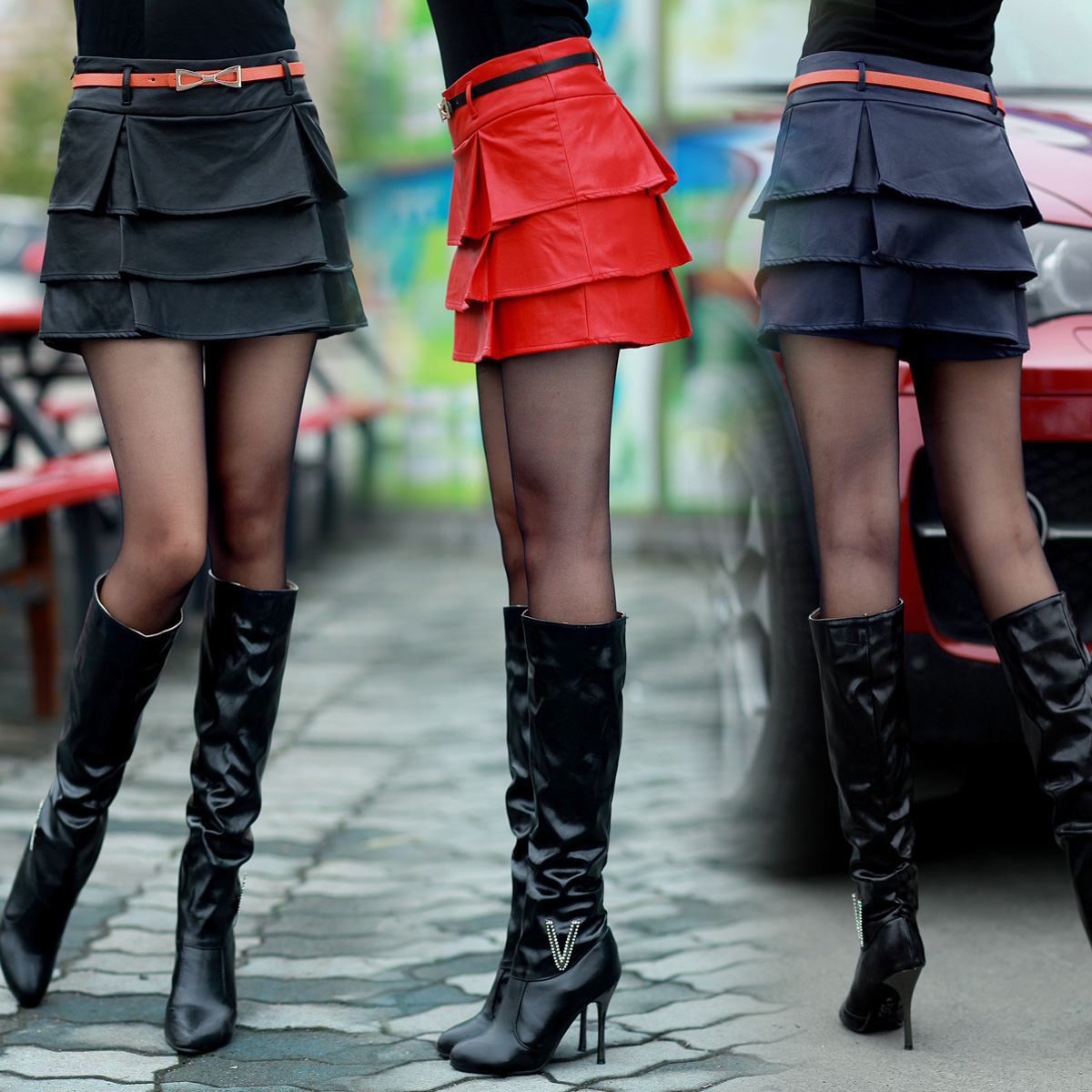Ruffle layered dress pants shorts female quality PU water washed leather culottes shorts leather women's skorts