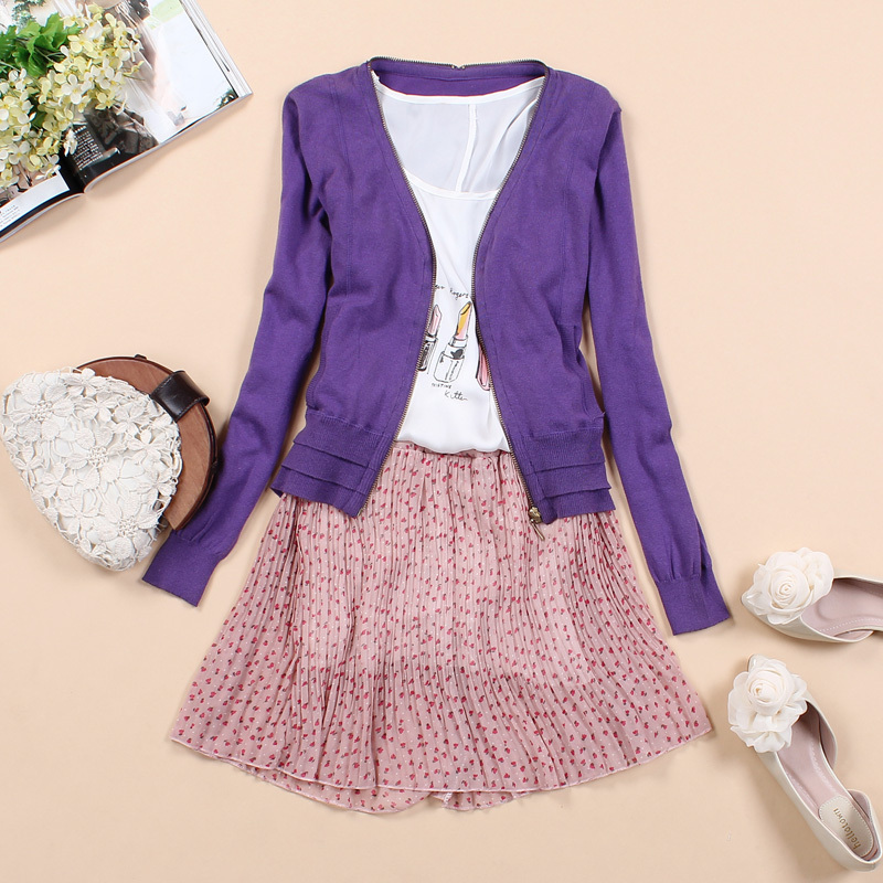 Ruffle long-sleeve knitted outerwear autumn slim sweet rustic zipper-up sweater female 2564