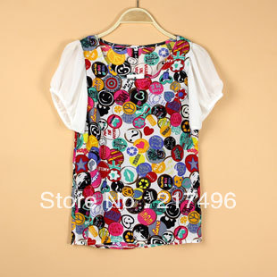 Ruffle sleeve cartoon dot fancy o-neck chiffon shirt female summer chiffon top