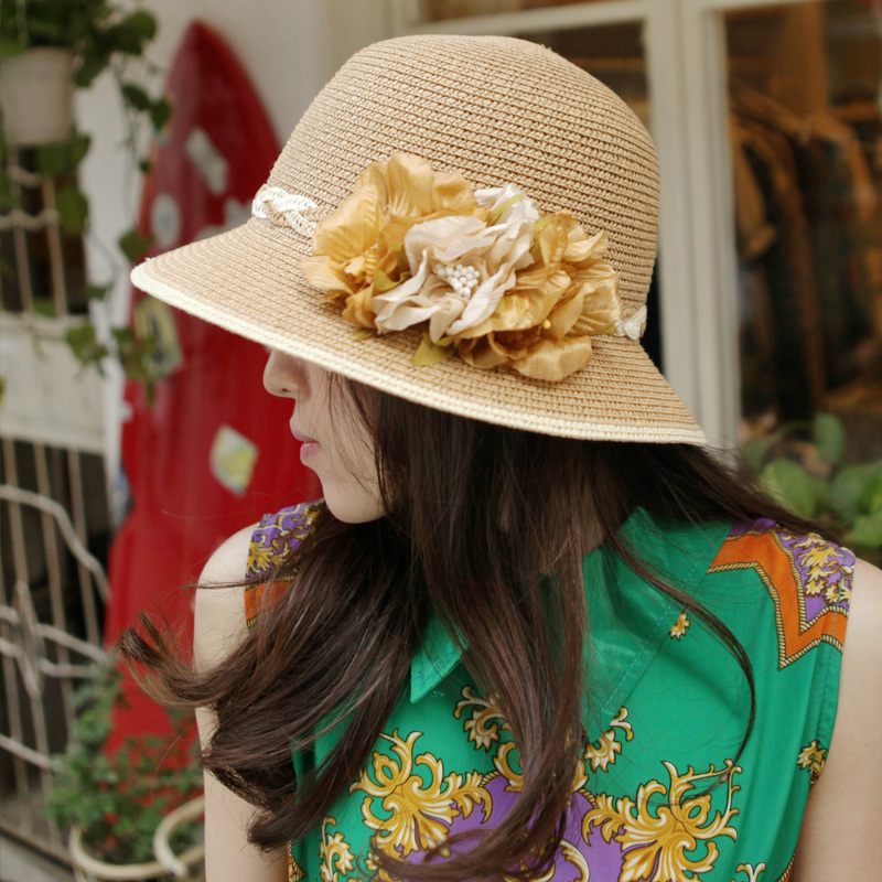 Rustic flower straw hat straw braid fedoras women's dome bucket hats sun-shading beach cap