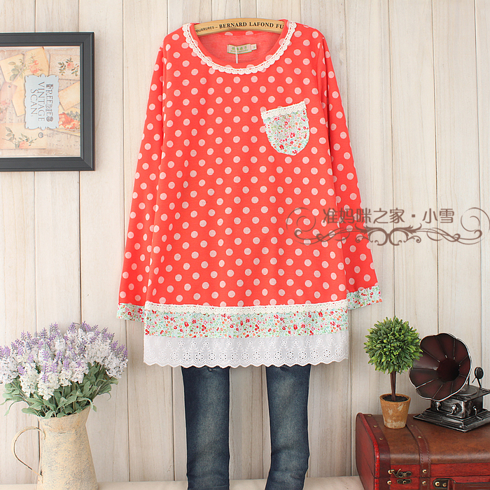 Rustic small 2013 spring fresh lace polka dot maternity top maternity sweater maternity clothing w14 Maternity Dress