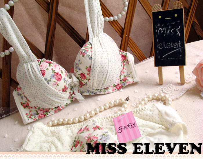 Rustic small flower broad-brimmed shoulder strap summer cool 100% cotton push up underwear bra set