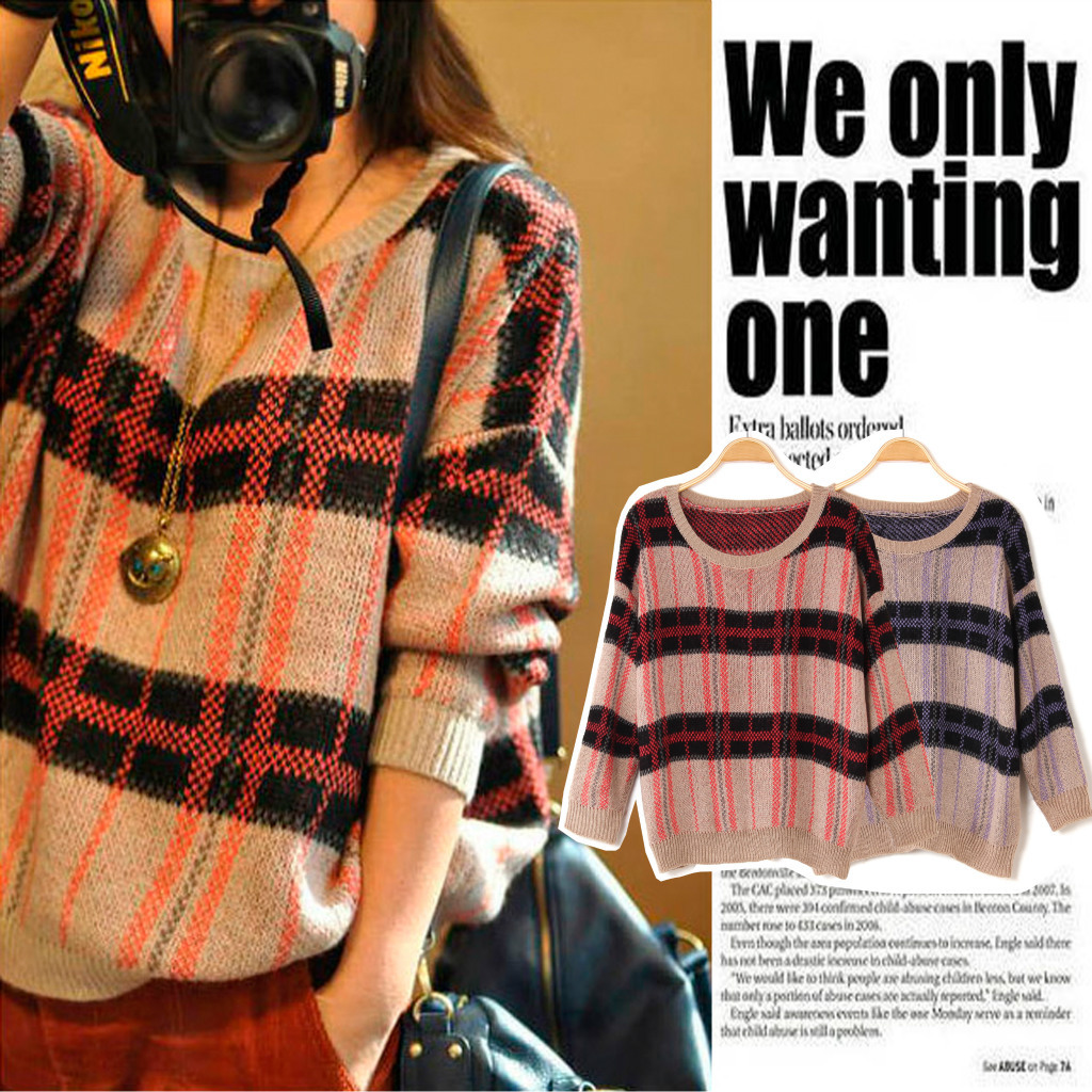 S autumn fashion preppy style vintage elegant pullover big check sweater female