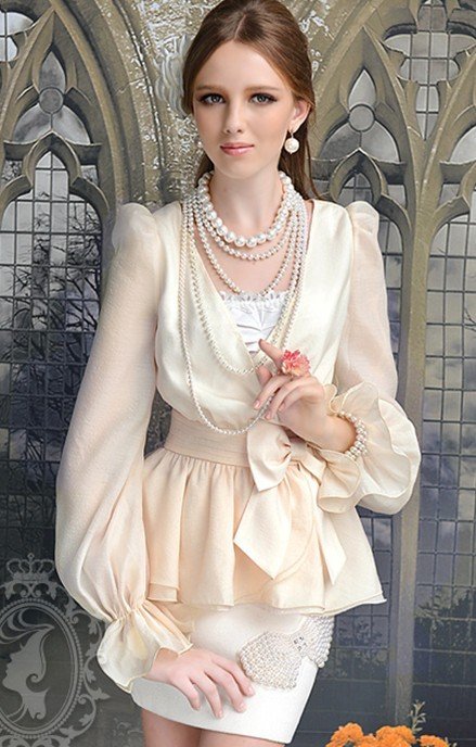 S-L free shipping Manufacturers supply Women's Beige cross V collar temperament bow Long Sleeve Shirt #S251