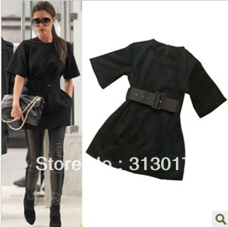 S-L Free shipping Manufacturers supply Women's black o-neck woolen blouse with belt #A87