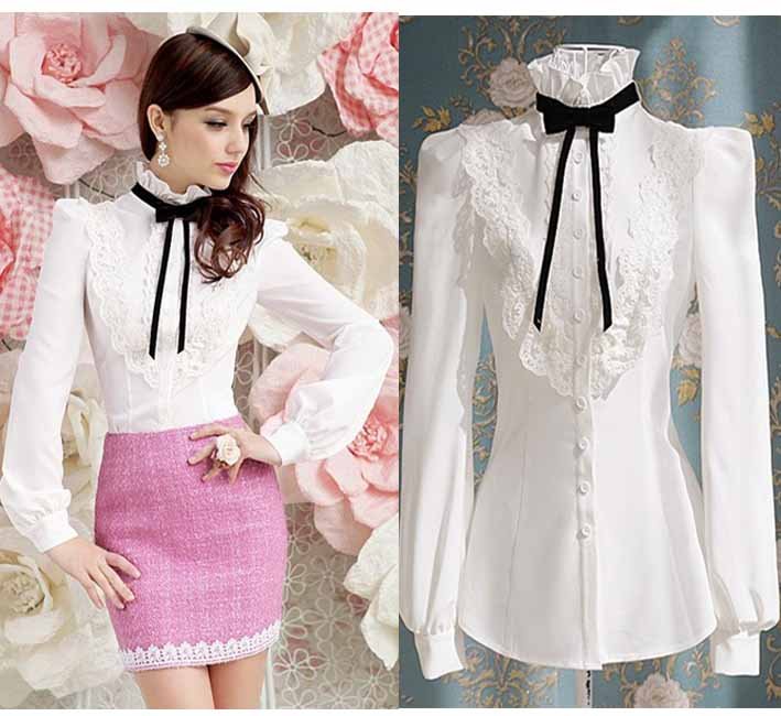 S-L free shipping new fashion Women's white flounced black bow long-sleeved shirts moq 1pc #452-918