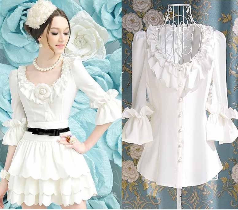 S-L free shipping new fashion Women White flounced shirt moq 1pc #452-0179
