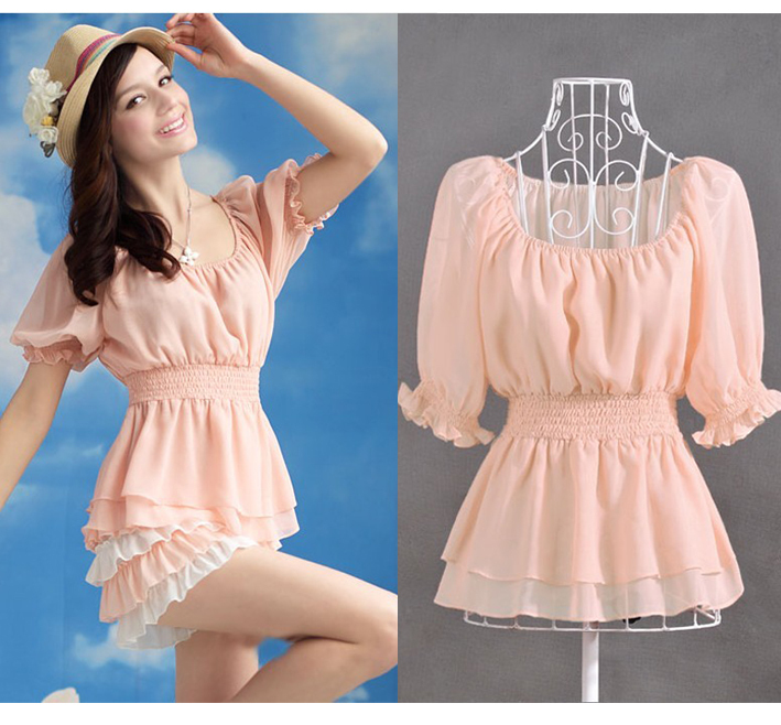 S-L  Free Shipping spring and summer Women's Pink color elastic waist doll chiffon shirt and blouse#H551