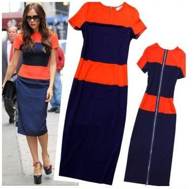 S-L Free Shipping Victoria Beckhams same paragraph temperament mixed colors fashion Slim knitted dress#A7