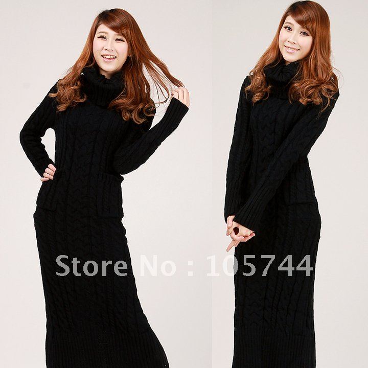 S,M,L Winter Sweater Dress turtleneck heap turtleneck knitted outerwear slim twist long design jumpsuit full dress - XCHR10054
