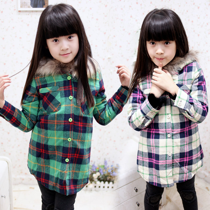 S- Spring and autumn children's clothing female child fur collar outerwear plush liner casual plaid overcoat child