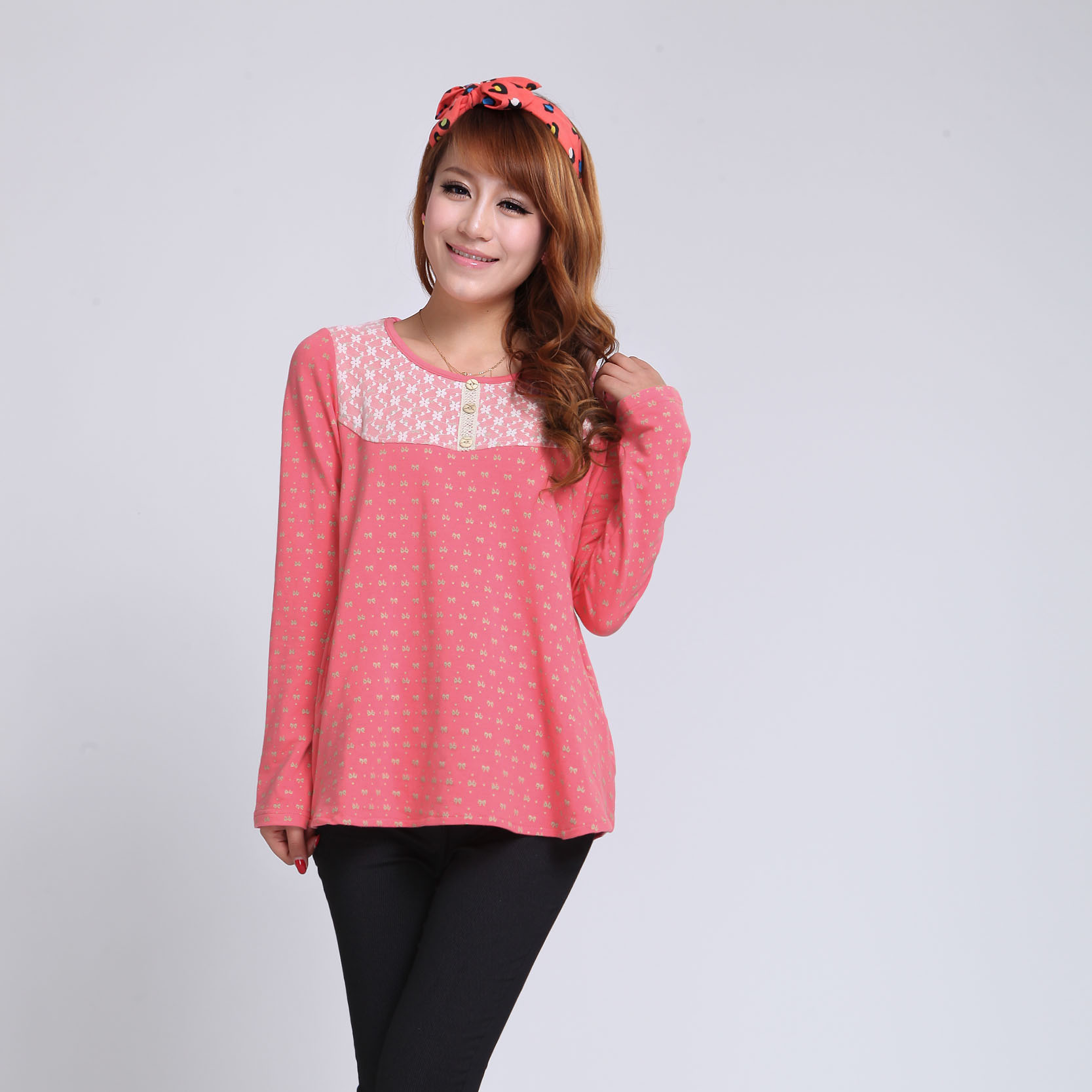 s spring and autumn maternity clothing fresh o-neck long-sleeve cotton medium-long 100% top -181