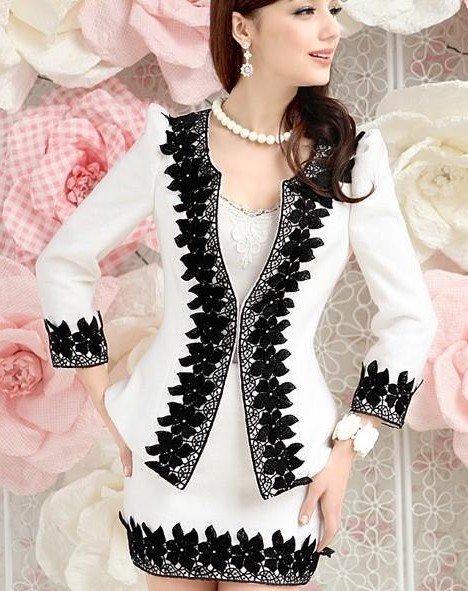 S-XL free shippin manufacturers supply women's White black lace elegant Jacket coats+skirt 2pcs set #H5541