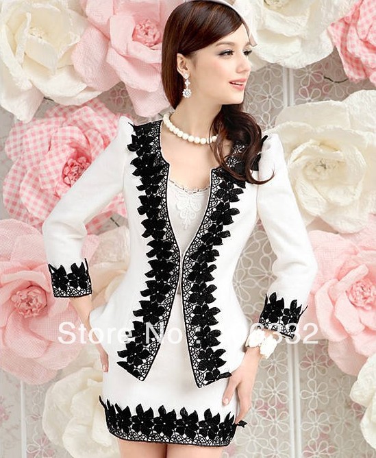 S-XL free shippin manufacturers supply women's White black lace elegant Jacket coats+skirt suits 2pcs set