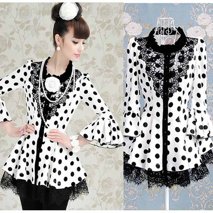 S-XL free shippin manufacturers supply women's White with black Polka Dot lace flounced coats #1245