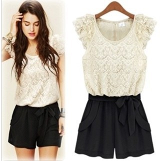 S-XL free shipping manufacturers supply Fashion Women's o-neck bow waist Lace Jumpsuit #W09