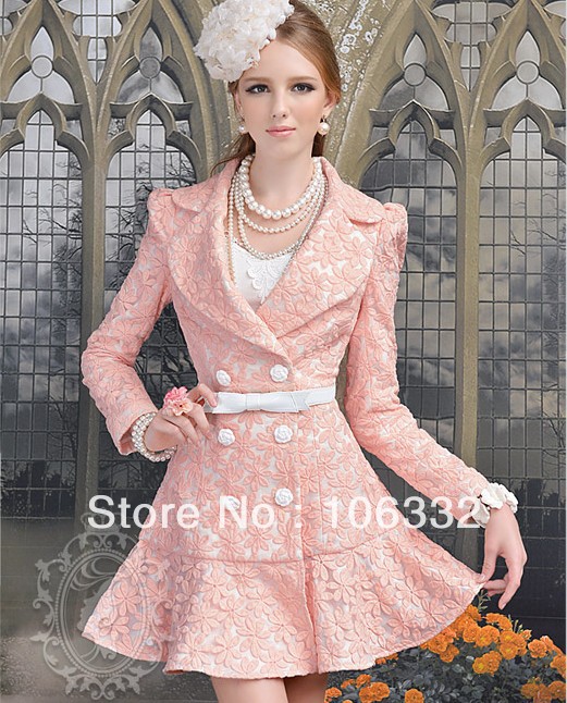 S-XL free shipping Manufacturers supply new Women's Pink Daisy embroidery slim trench Lapel double-breasted ruffled coats
