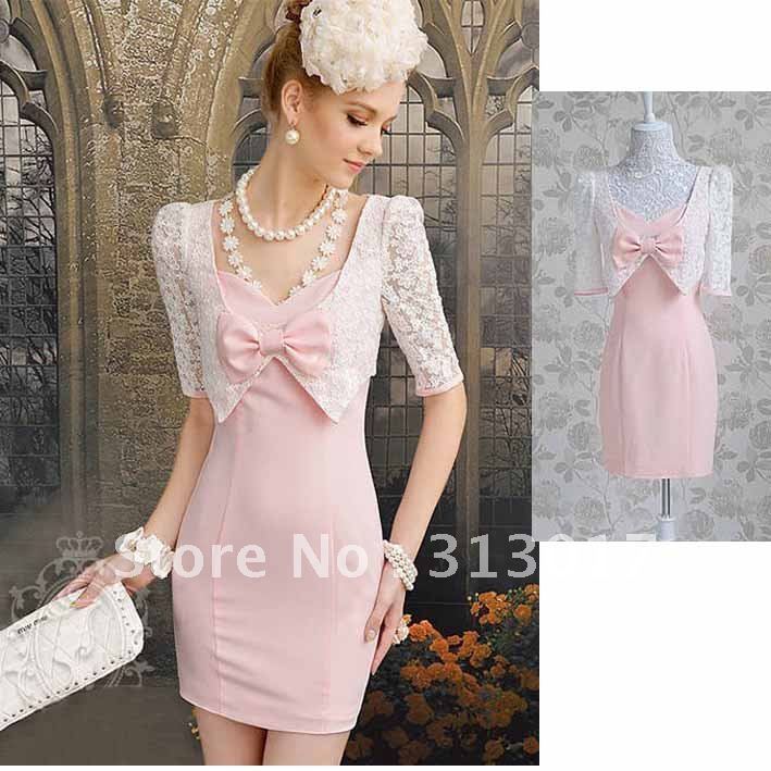 S-XL free shipping manufacturers supply women's pink patchwork white lace bow fake 2pcs set dress (MOQ1pc)#A912