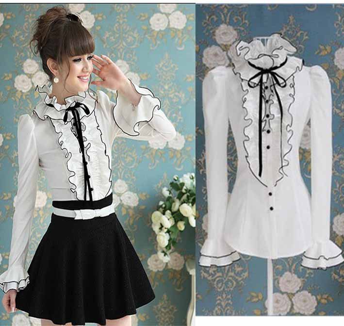 S-XL free shipping Manufacturers supply Women's White flounced  bow long-sleeved shirts moq 1pc #ZHL12