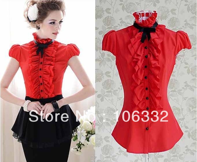S-XL free shipping new fashion Women's flounced bow short-sleeved shirts moq 1pc #