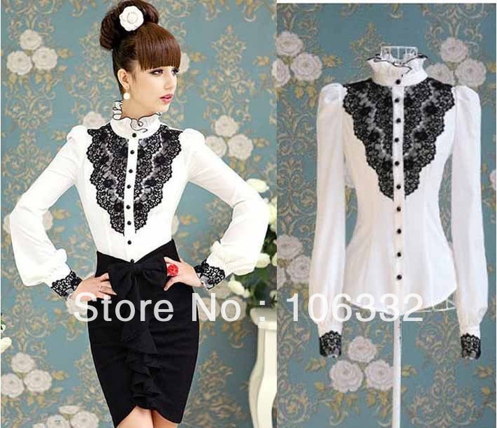 S-XL free shipping new fashion Women's flouncing lace hubble-bubble long-sleeve shirt mandarin collar blouse moq 1pc