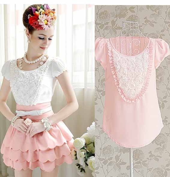 S-XL free shipping new fashion Women's rose short-sleeved shirt moq 1pc #8774