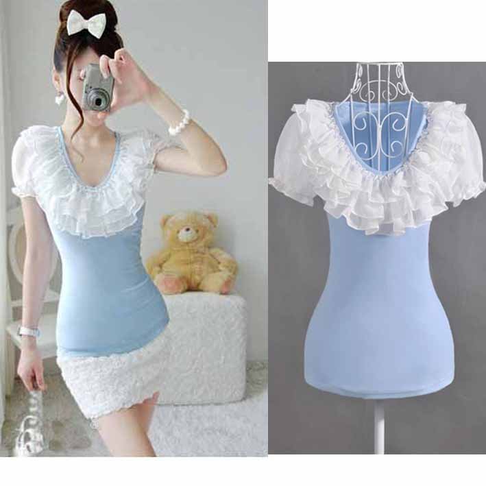 S-XL free shipping new fashion Women's Sky blue chiffon flounced short-sleeved T-shirt moq 1pc #A036