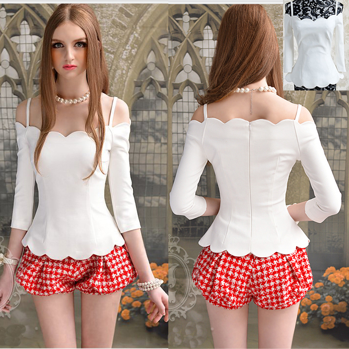 S-XL free shipping new fashion Women's Spring white petal edges tight bare shoulder long-sleeved T-shirt and blouse #W99