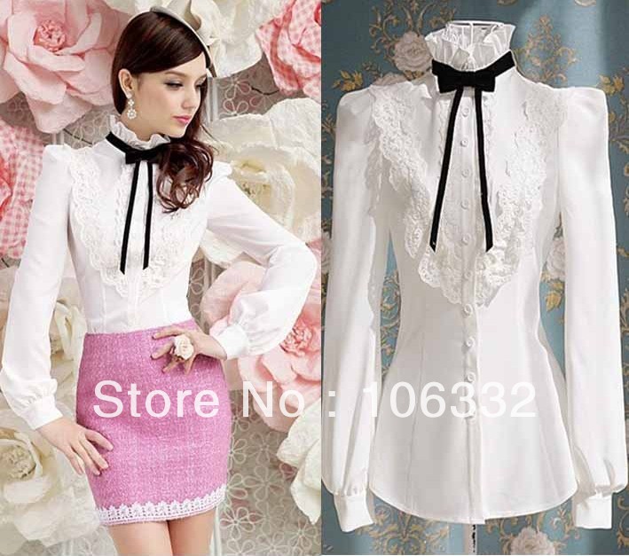 S-XL free shipping new fashion Women's white flounced black bow long-sleeved shirts moq 1pc