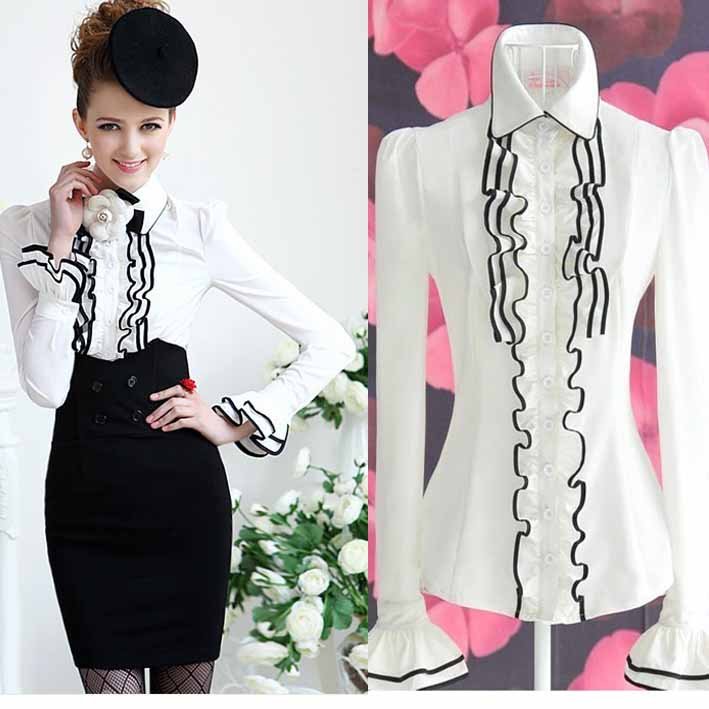 S-XL free shipping new fashion Women's White flounced Puff Sleeve Slim shirt moq 1pc #10046