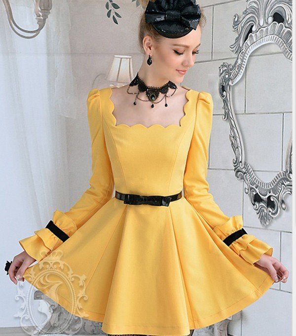 S-XL free shipping wholesale manufacturers supply Women's yellow flowers flap collar long sleeved dress #W011