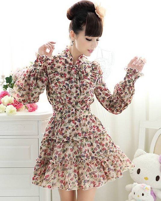 S-XL free shipping wholesale new fashion Women's Bow long-sleeved chiffon collar dress MOQ 1PC#ZH10036