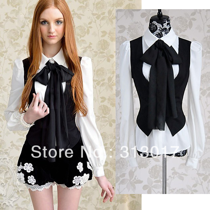 S-XL free shipping Women's Black-and-white mosaic vest fake two lines bow long-sleeved shirt and blouse#WQ120
