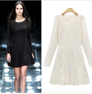 S-XL free shipping women's fashion slim waist winter o-neck full lace sweet elegant long-sleeve dress#Z10