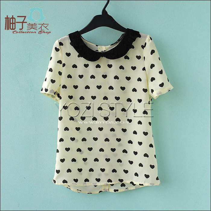 S890 pomeloes clothing summer 2012 fashion women's lace polka dot turn-down collar short-sleeve chiffon shirt top