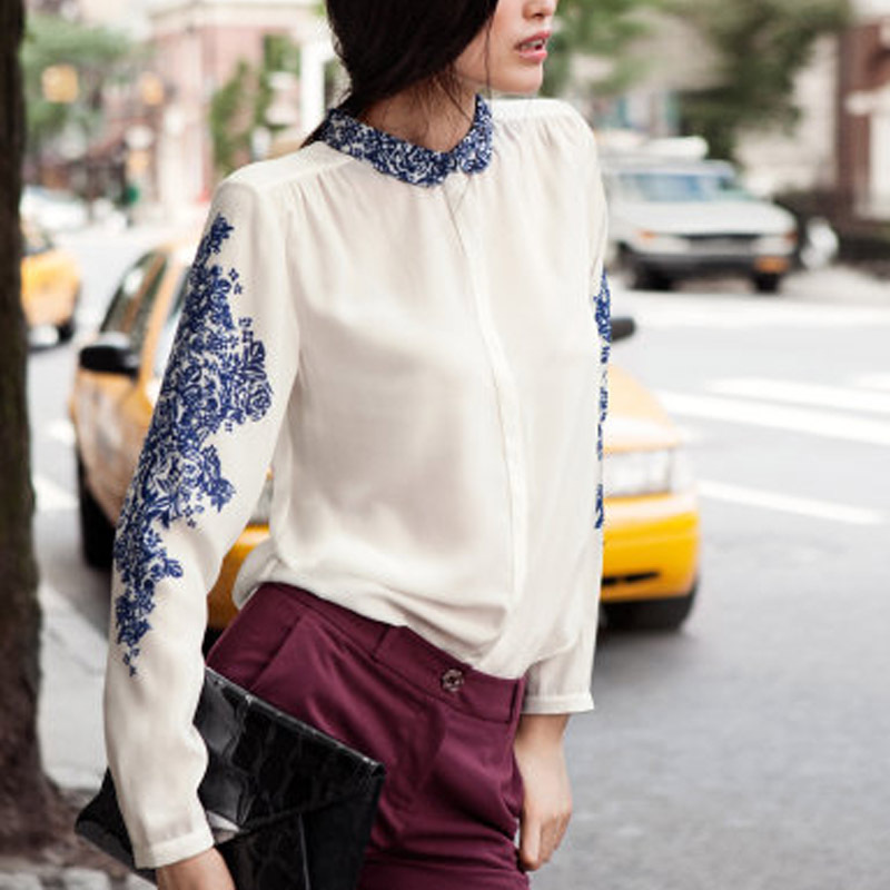 SALE 2013 Floral Prints Blouses Chiffon Blouse Long Sleeves Women Shirt Tee Casual Shirts Celebrity Blue White T-shirt Brand Top