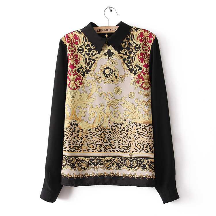 SALE 2013 Prints Chiffon Blouses Long Sleeves Peter Pan Collar Ethnic Floral shirts Women Tees Brand Casual Shirt Black T-shirts