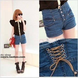 SALE Fashion 00r 2012 buckle high waist back lacing denim shorts Free Shipping