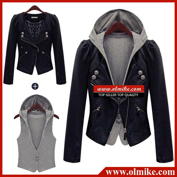 sale free shipping Fashion women's jacket+knitwear Leather/denim/wool Motorcycle/biker Jacket coat Beige Black S M L SWS216