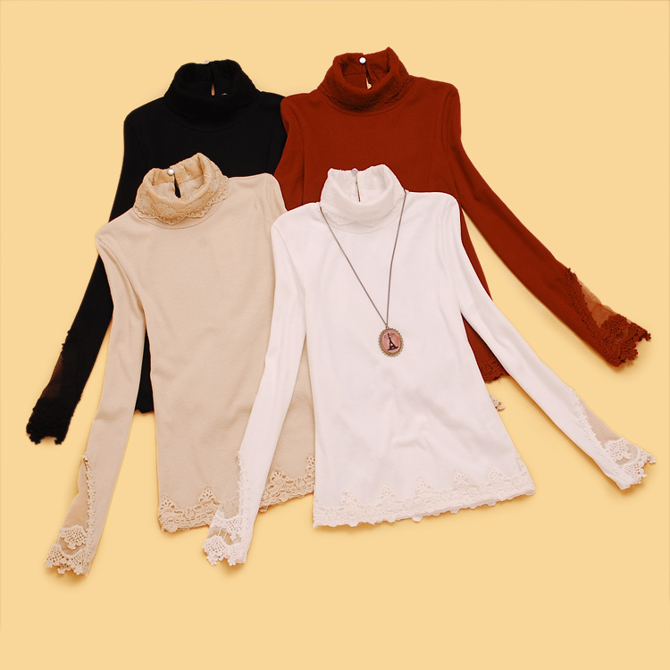 SALE H1-3-4 winter women's sweet gentlewomen fashion lace decoration patchwork turtleneck pullover knitted wool free shipping