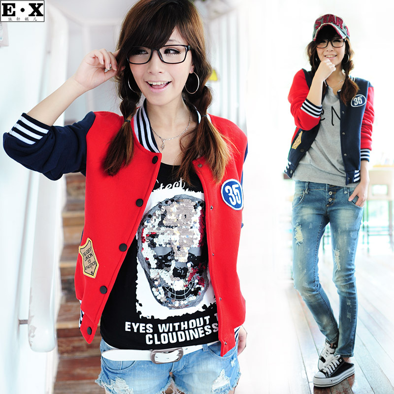 Sale new women Preppy style autumn color block applique medal stripe design patchwork short outerwear 1422 2