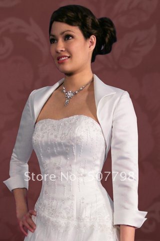 sales promation custom-made  elegant white satin 3/4 sleeves length wedding dress coat, cheap evening gown jacket.