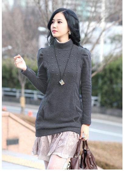 Sales Promotion!  women's autumn&wwinter pearl turtleneck knit sweater/ladies' noble slim puff sleeve sweater 1571