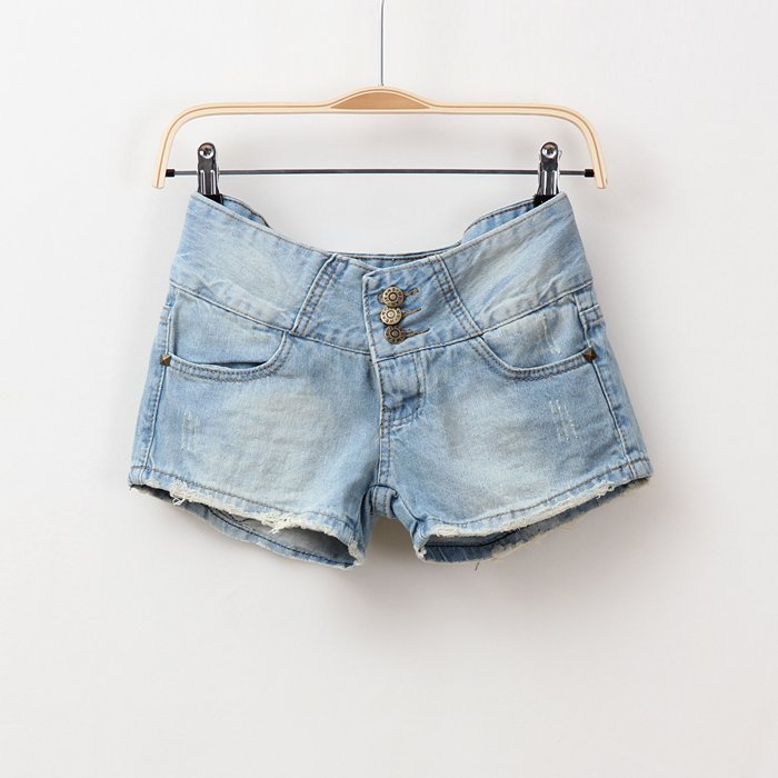 Sally 2012 AMIO women's water wash Blue distrressed low-waist denim shorts